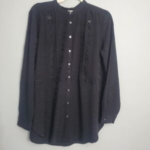Loft Women's Black Button-Up Lace Detail Long Sleeve Rayon Top Sz M Cottagecore